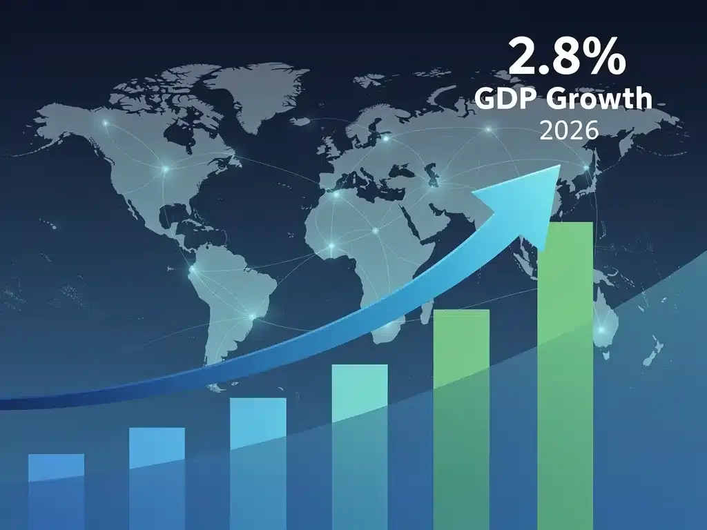 Graph showing US GDP growth forecast reaching 2.8% by 2026, amidst global economic trends.