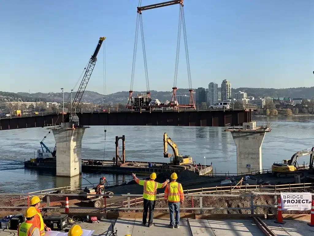 Construction workers installing a new bridge section over a river.
