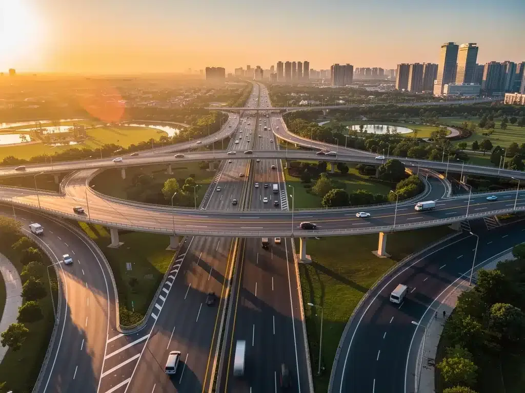 Modern highway infrastructure with smooth traffic flow at sunset.