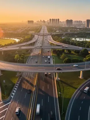 Modern highway infrastructure with smooth traffic flow at sunset.