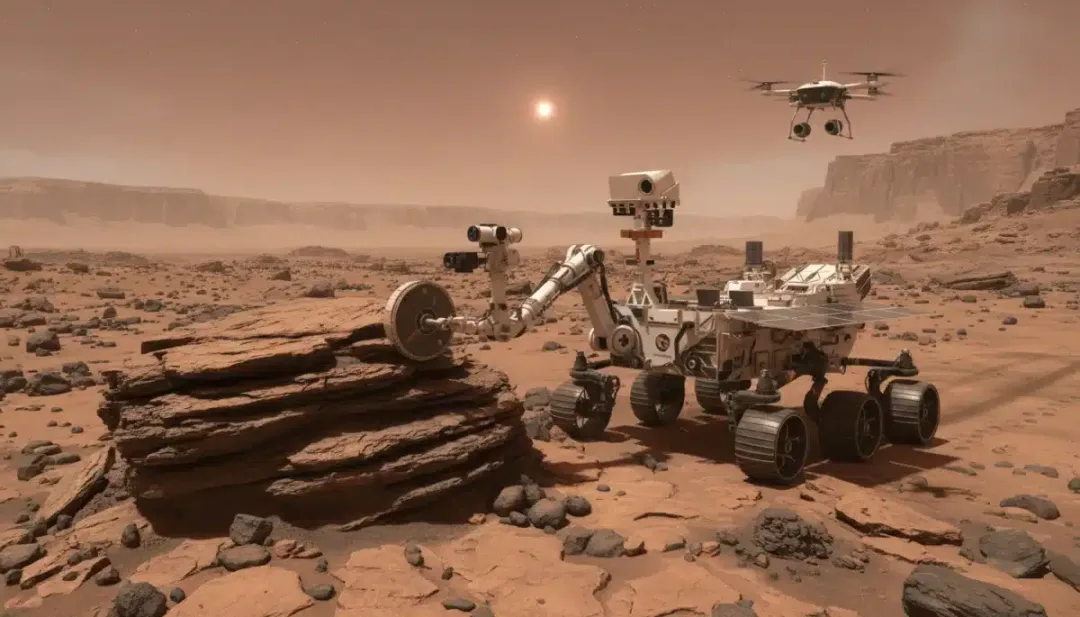 Advanced Mars rover exploring red Martian landscape with scientific tools