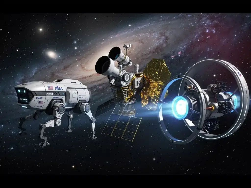 Concept art of NASA's three new deep space research missions launching in 2026, showcasing advanced spacecraft.