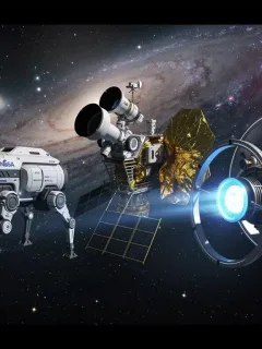 Concept art of NASA's three new deep space research missions launching in 2026, showcasing advanced spacecraft.