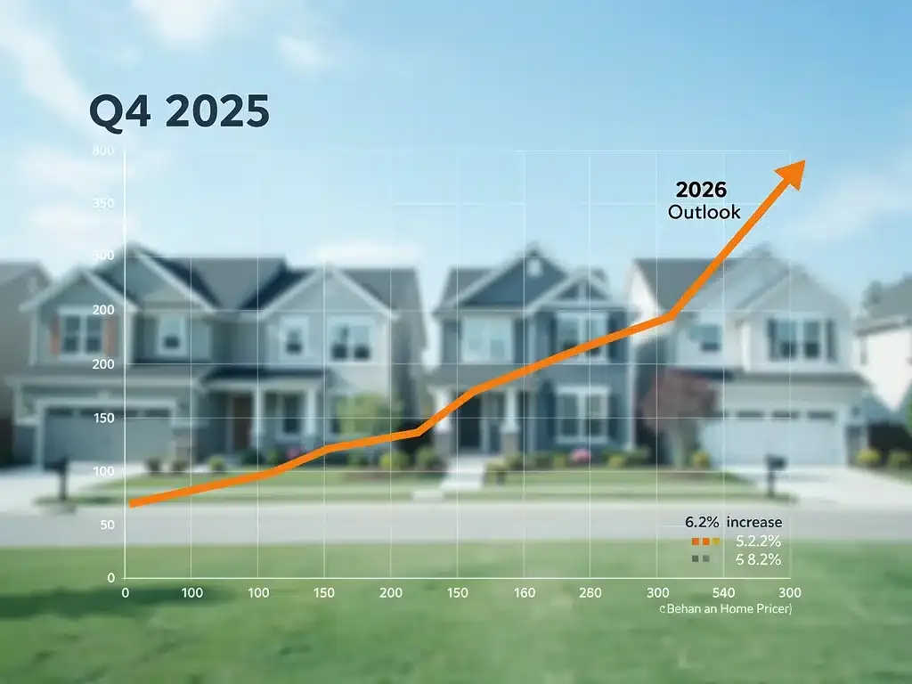 Graph showing 6.2% national home price increase in Q4 2025, with a suburban housing backdrop.