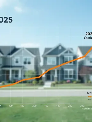 Graph showing 6.2% national home price increase in Q4 2025, with a suburban housing backdrop.