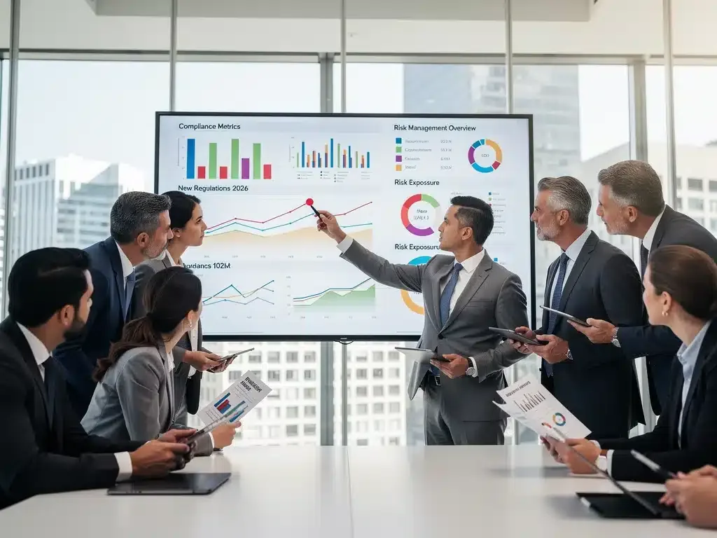 Business leaders analyzing new federal cybersecurity regulations compliance data.