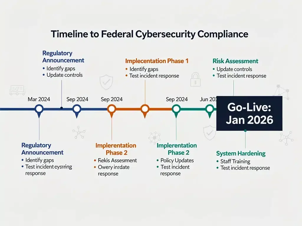 Timeline showing key dates for federal cybersecurity regulations implementation.