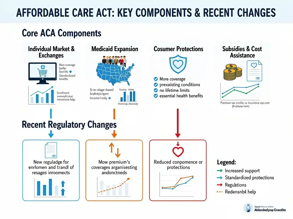 Infographic showing key Affordable Care Act components and impacts of recent regulatory changes.