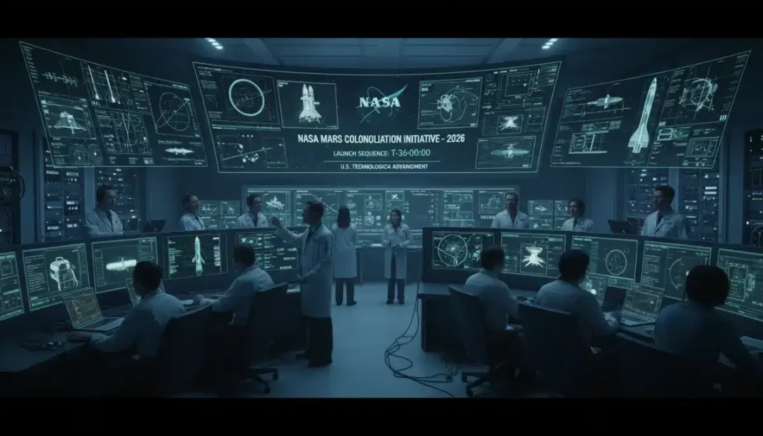NASA engineers monitor mission data, showcasing U.S. technological advancement.