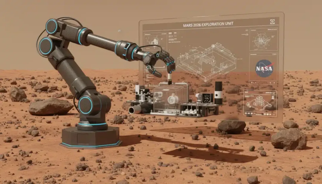 Advanced robotic arm on simulated Martian terrain for NASA missions.