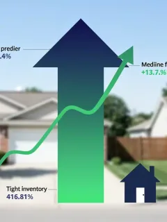 Graphic showing rising median home prices and tight housing inventory in the US.