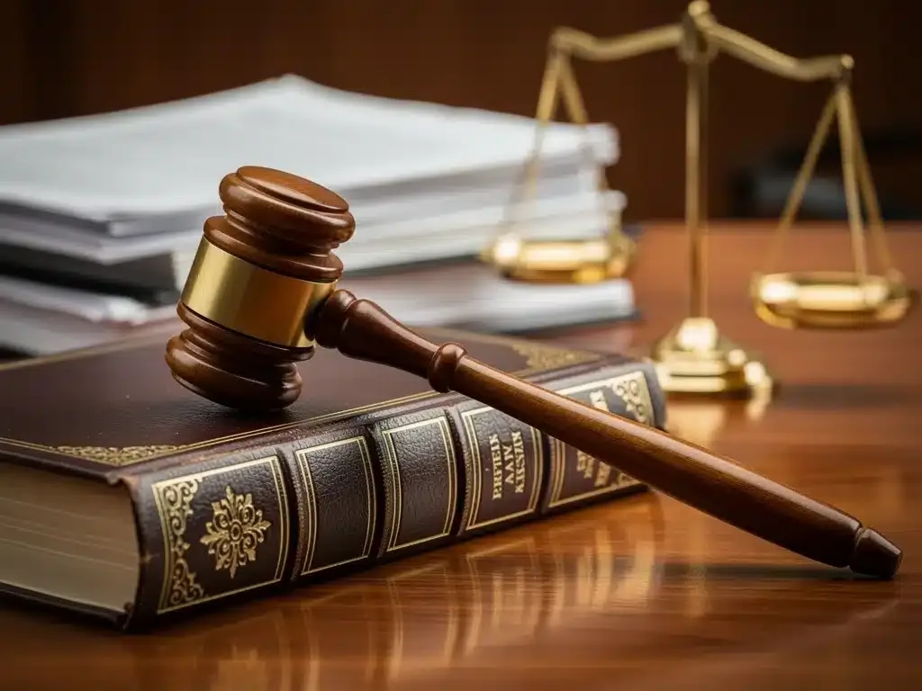 Gavel on law book, symbol of legal authority and court proceedings