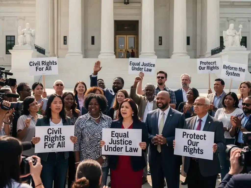 Protestors with signs outside courthouse, advocating for civil rights and legal reform