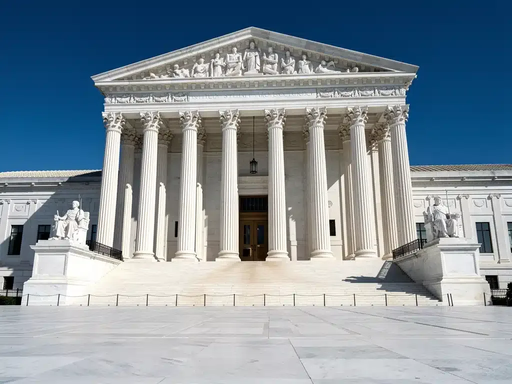 Supreme Court building exterior, neoclassical architecture, judicial power symbol