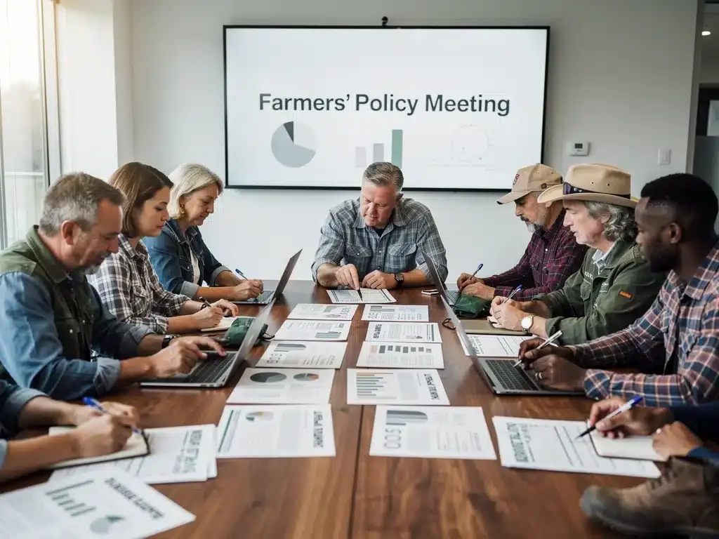 Farmers attentively reviewing policy documents in a meeting, symbolizing their direct involvement and impact from new agricultural legislation.