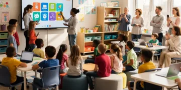 Diverse K-12 students engaging with modern digital curriculum in a bright classroom setting.