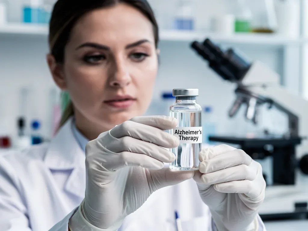 Medical researcher holding Alzheimer's therapy vial in laboratory