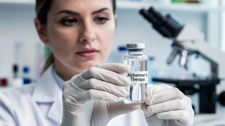Medical researcher holding Alzheimer's therapy vial in laboratory