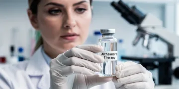 Medical researcher holding Alzheimer's therapy vial in laboratory