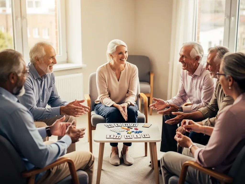 Senior citizens engaging in cognitive therapy for Alzheimer's