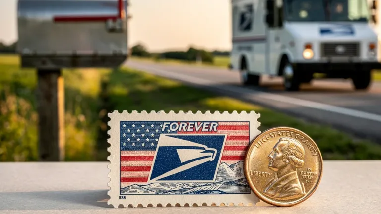 USPS Forever stamp with a 3-cent coin, symbolizing the recent price increase and rural delivery changes.