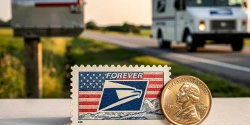 USPS Forever stamp with a 3-cent coin, symbolizing the recent price increase and rural delivery changes.