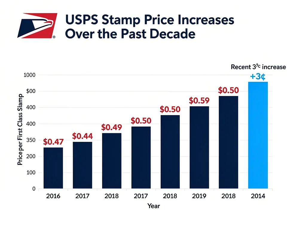 Historical chart of USPS stamp price increases, highlighting the current 3-cent increment.